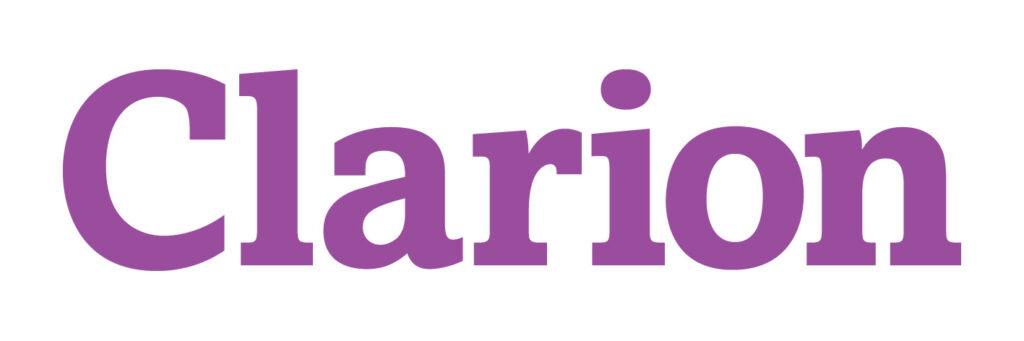 clarion solicitors logo in bold plum letters