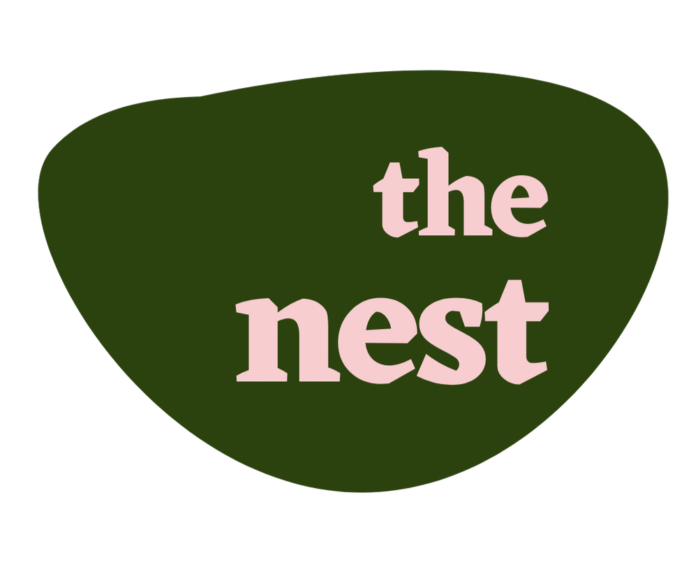 the nest logo with pink letters on a dark live green nest shaped background