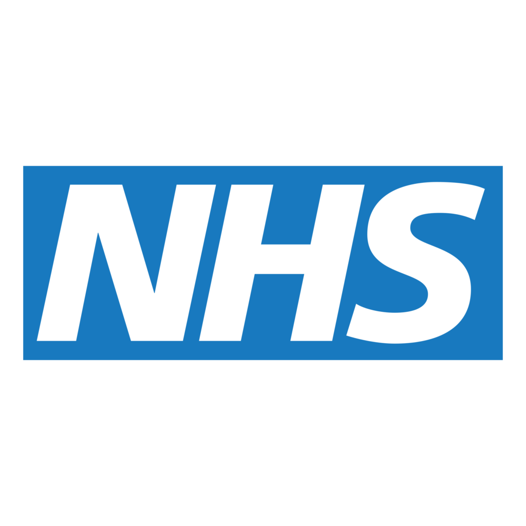 nhs logo with white capital letters on a blue background