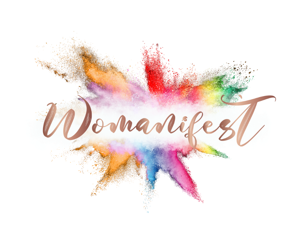womanifest logo gold writing with a splash effect rainbow